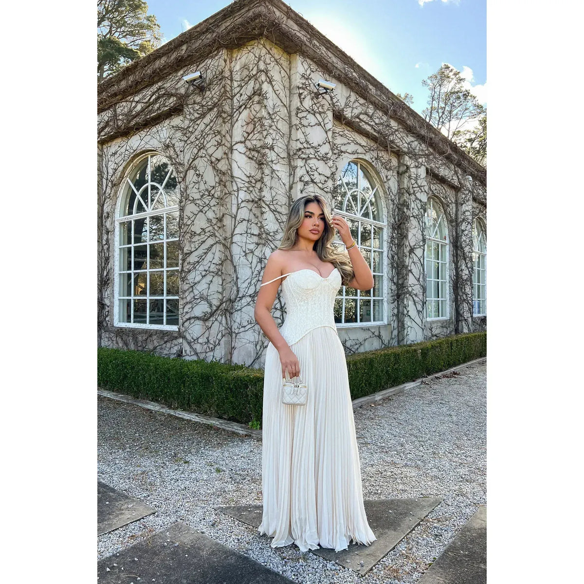 Cream Daniella Lace Corset Pleated Maxi