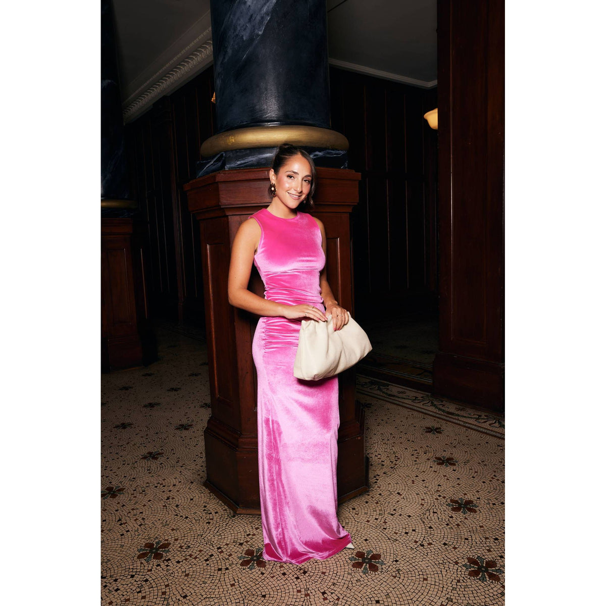 Fuchsia Ruched Velour Maxi