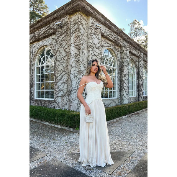 Cream Daniella Lace Corset Pleated Maxi