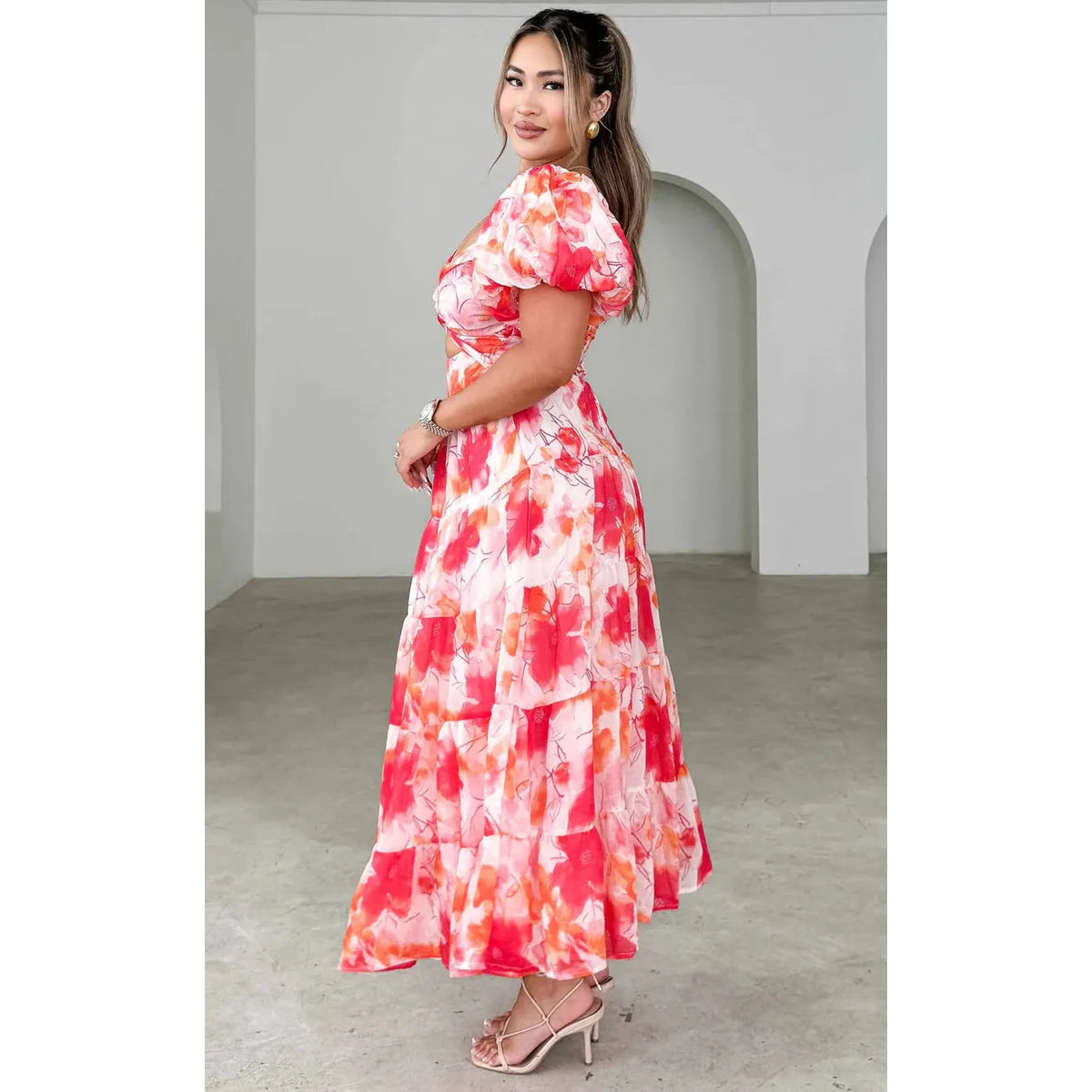 Pink Floral Bretta Sweetheart Puff Sleeve Maxi - 22