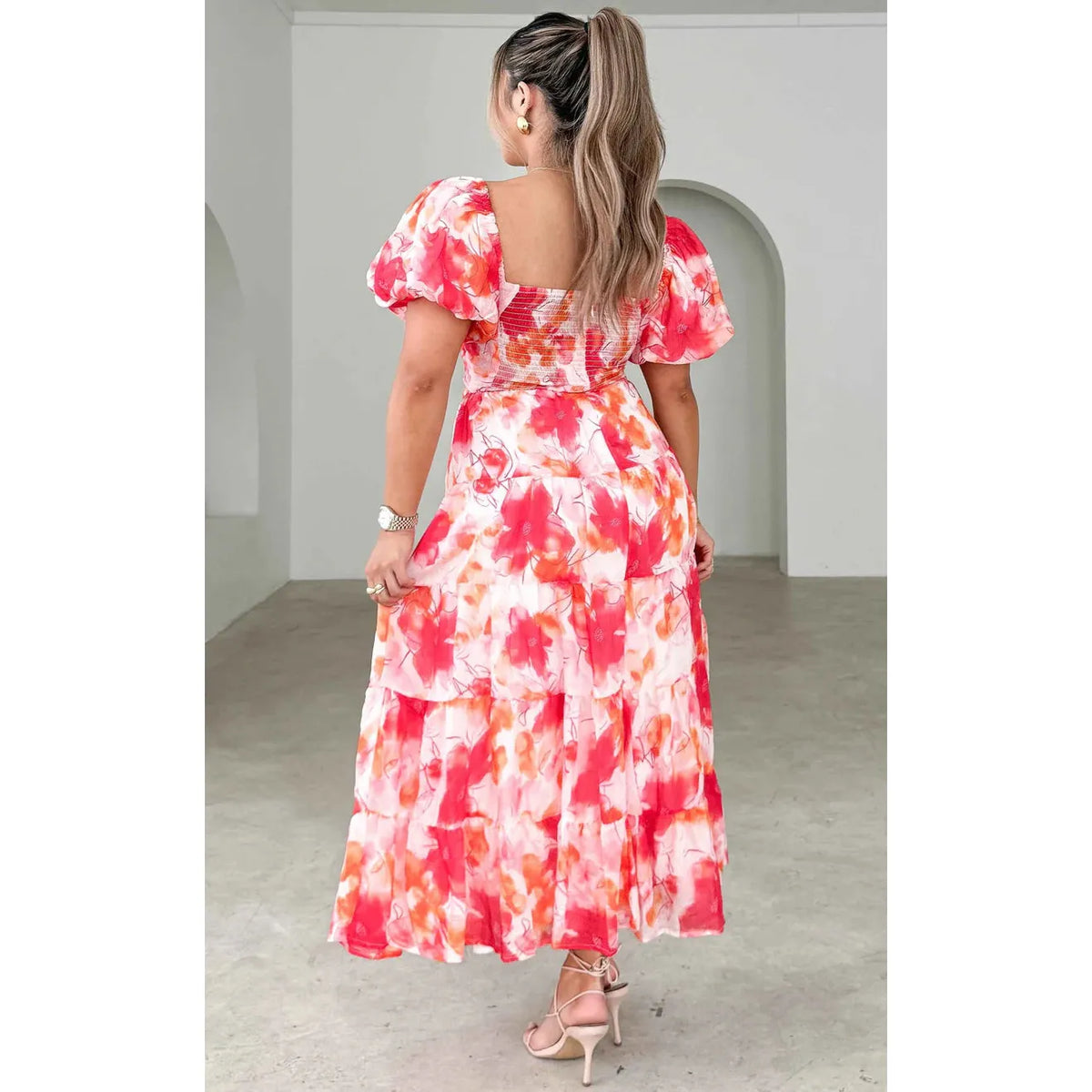 Pink Floral Bretta Sweetheart Puff Sleeve Maxi - 22