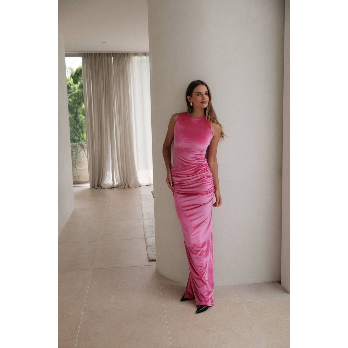 Fuchsia Ruched Velour Maxi