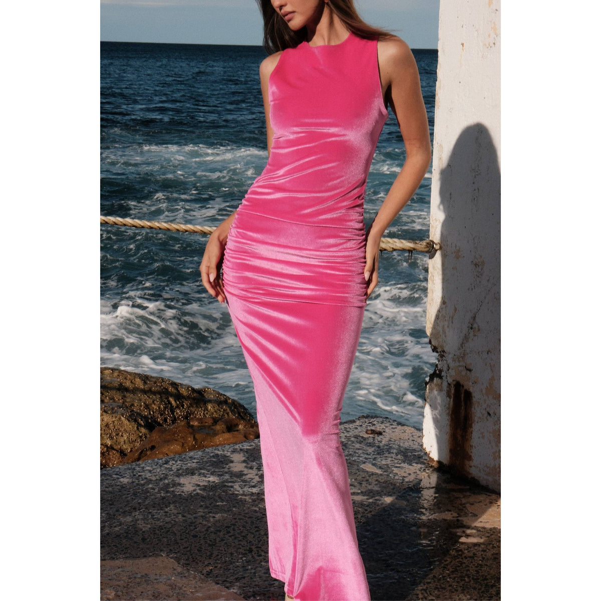 Fuchsia Ruched Velour Maxi