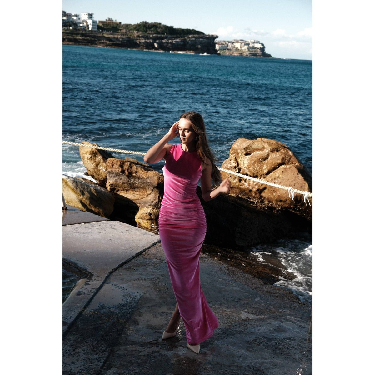 Fuchsia Ruched Velour Maxi