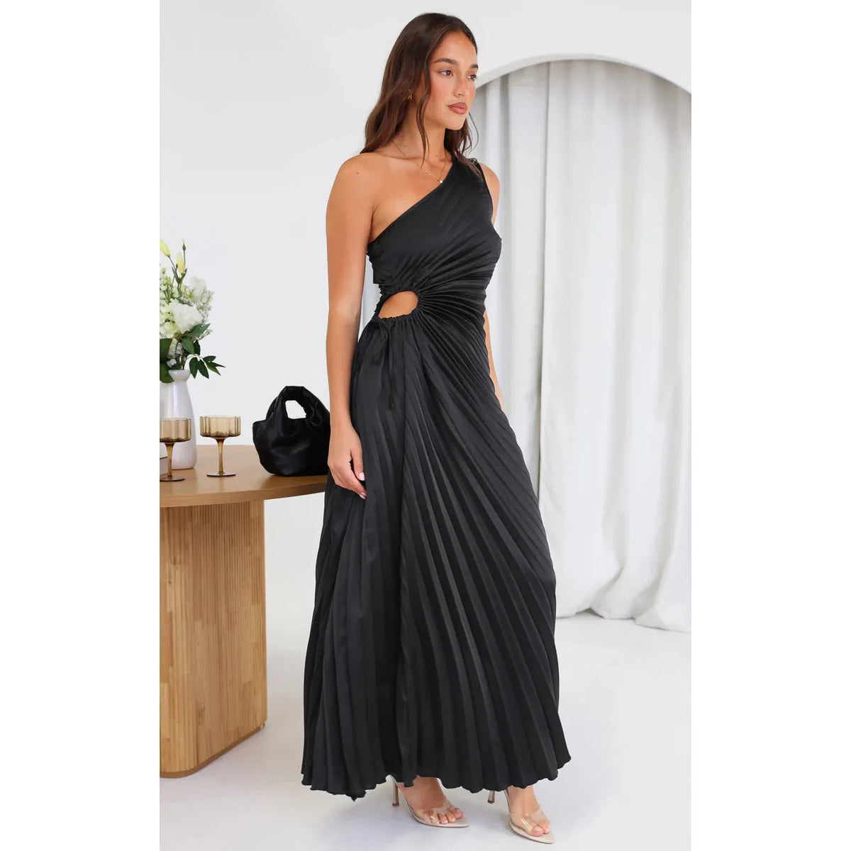 Black Rochelle One Shoulder Asymmetrical Maxi - 16