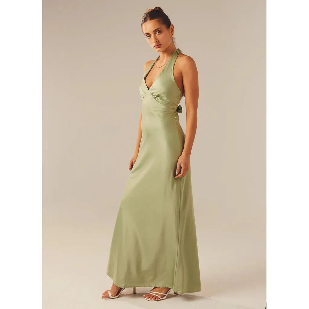 Sage Heavy Hearted Satin Maxi