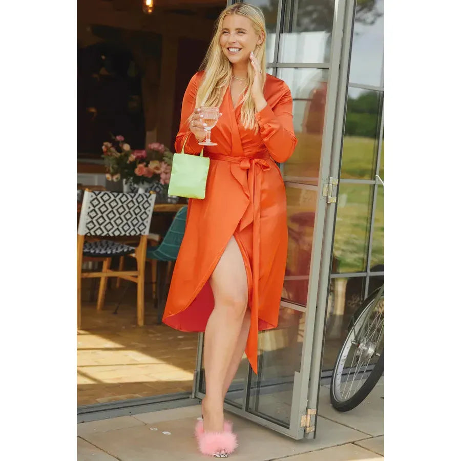 orange wrap midi dress Eyelet Fit and Flare Faux Wrap Midi Dress - Nectarine Orange